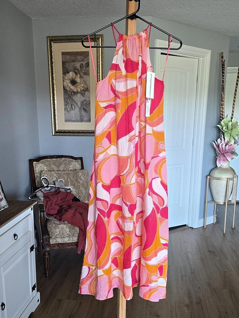 Rachel Zoe Abstract Linen Maxi Dress Pink & Orange Size 4 NWT